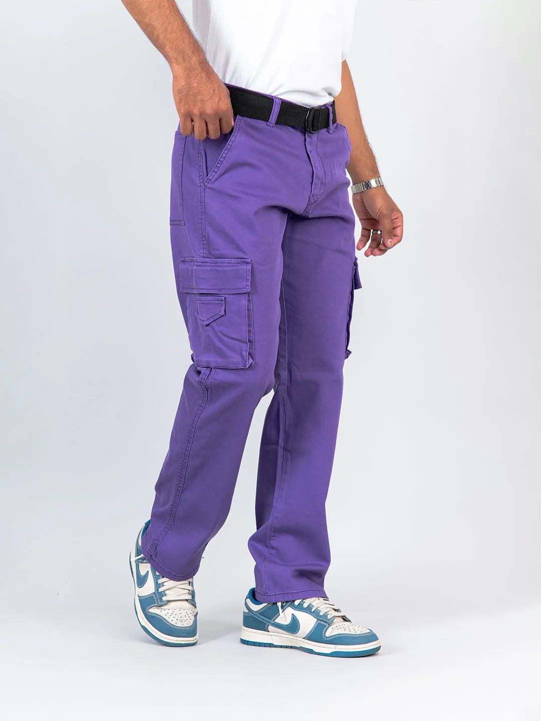 Purple Flared Straight Fit Cargo Pants