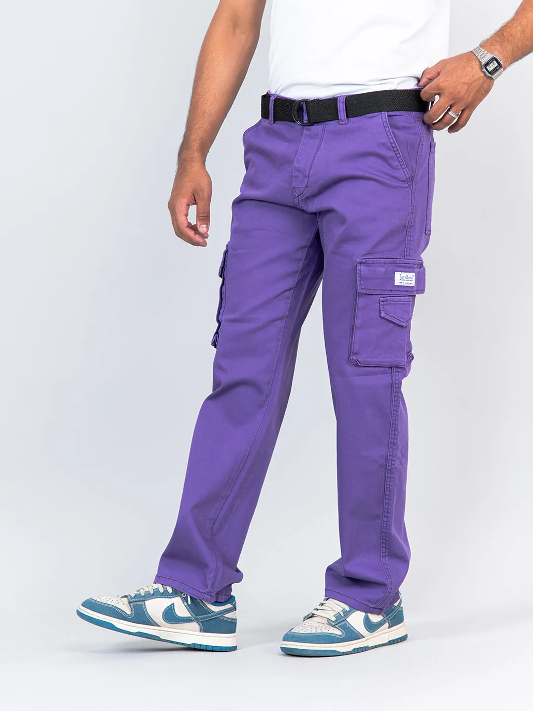 Purple Flared Straight Fit Cargo Pants