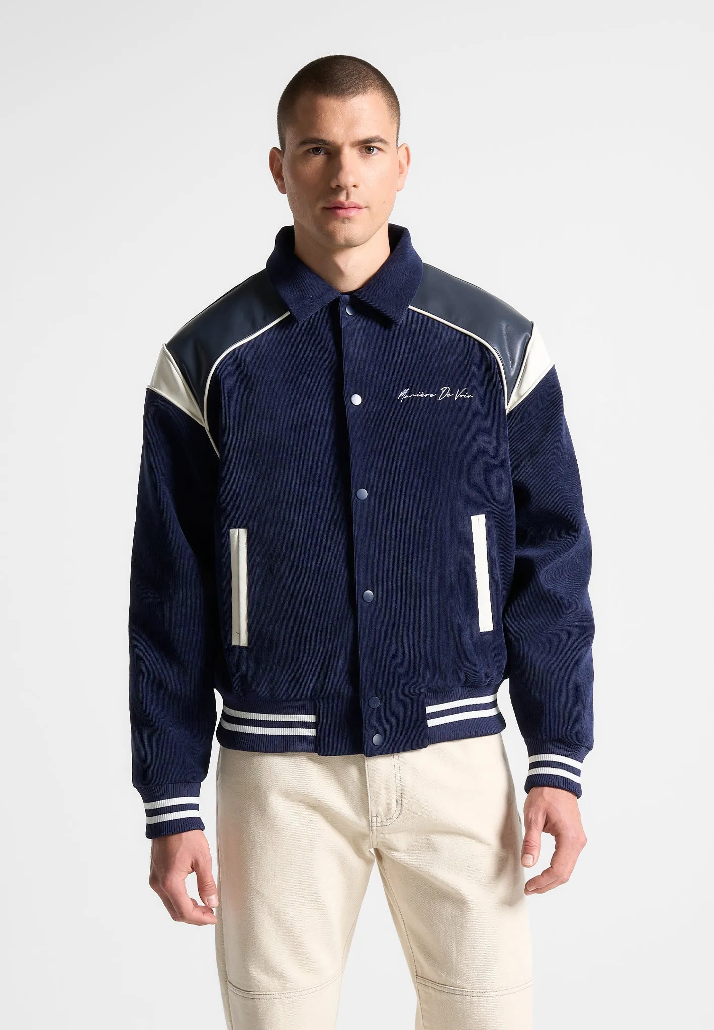 Raglan Corduroy Eiffel Varsity Jacket - Navy