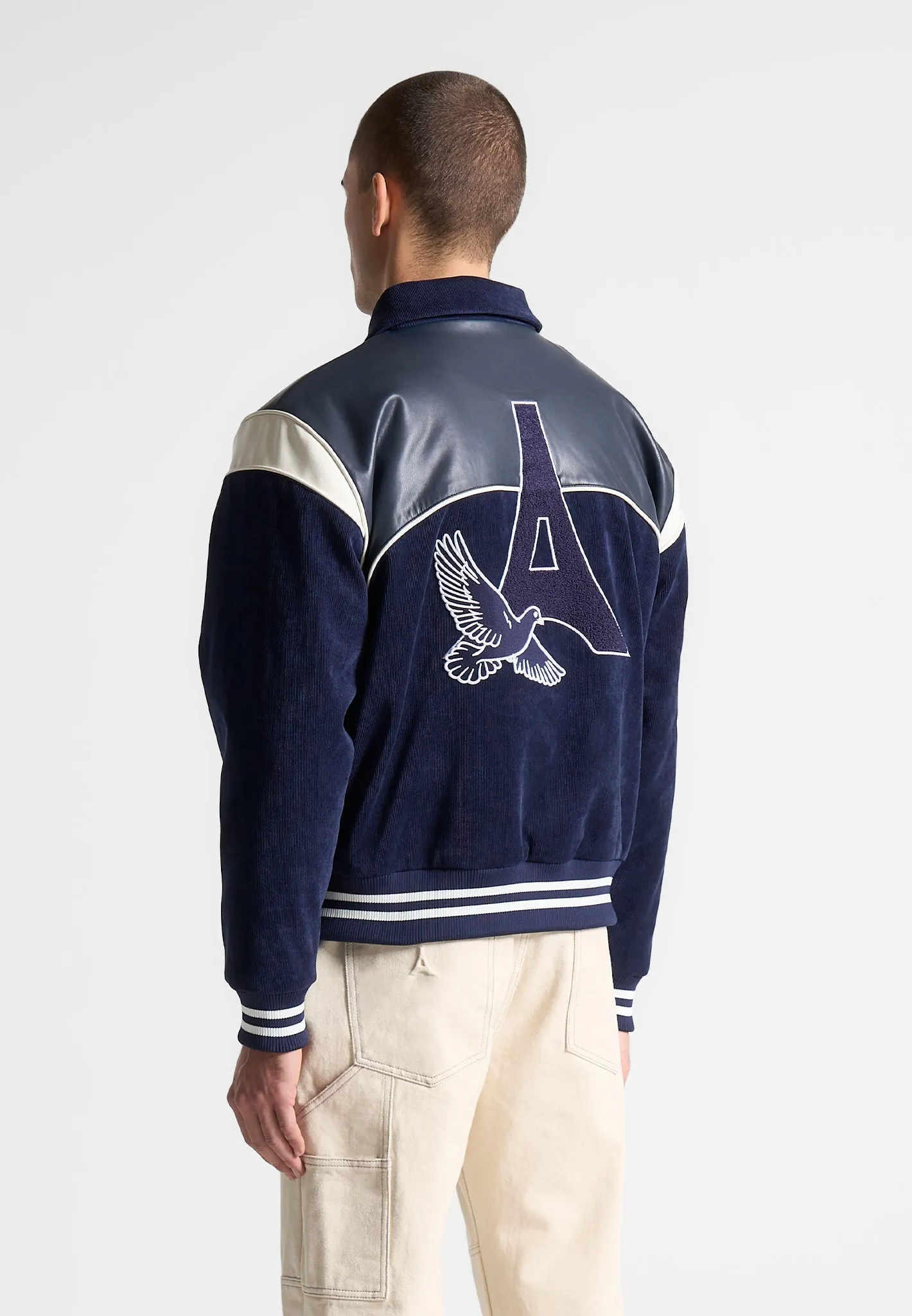 Raglan Corduroy Eiffel Varsity Jacket - Navy