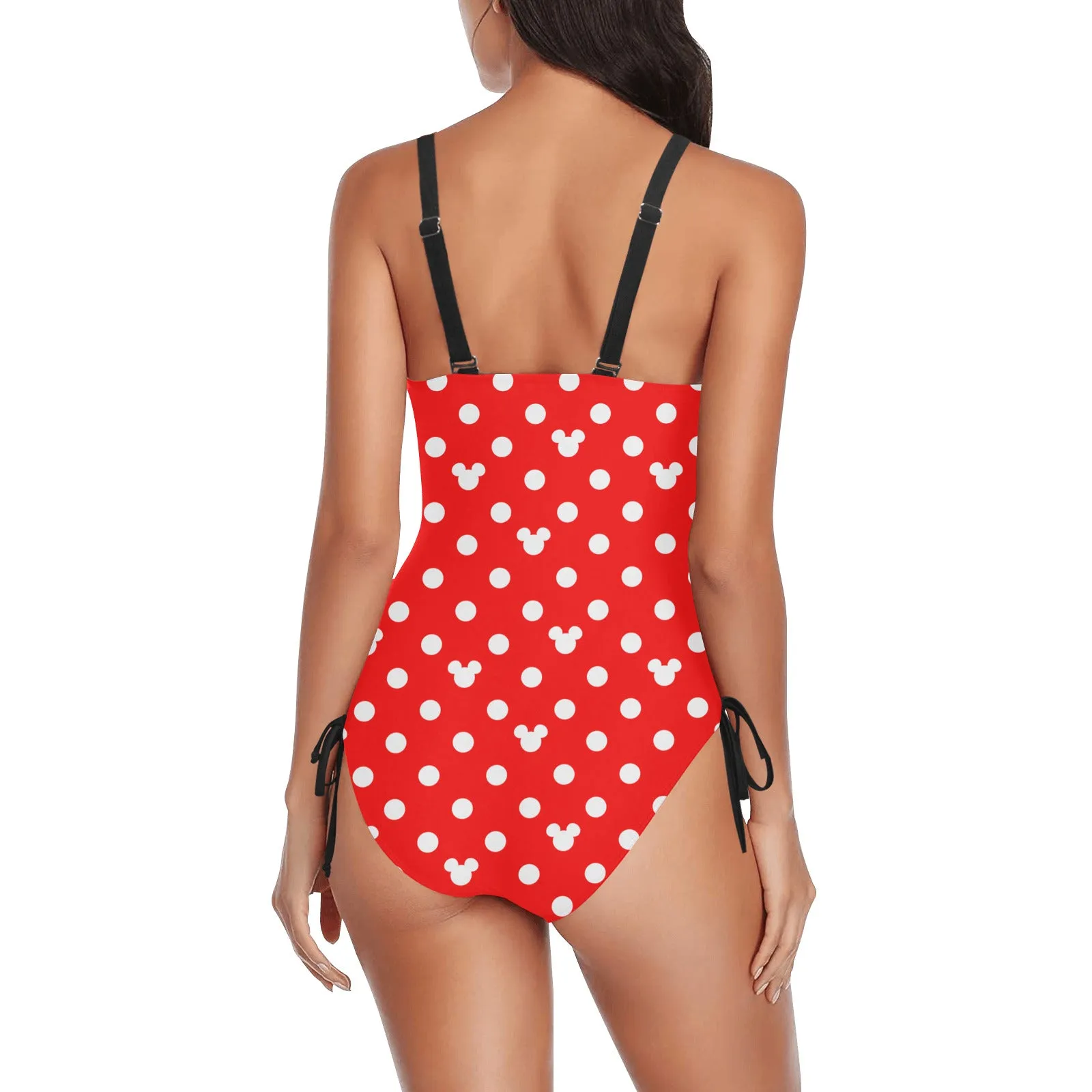 Red With White Mickey Polka Dots Drawstring Side Women's One-Piece Swimsuit