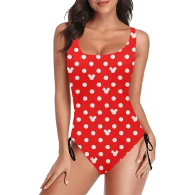 Red With White Mickey Polka Dots Drawstring Side Women's One-Piece Swimsuit