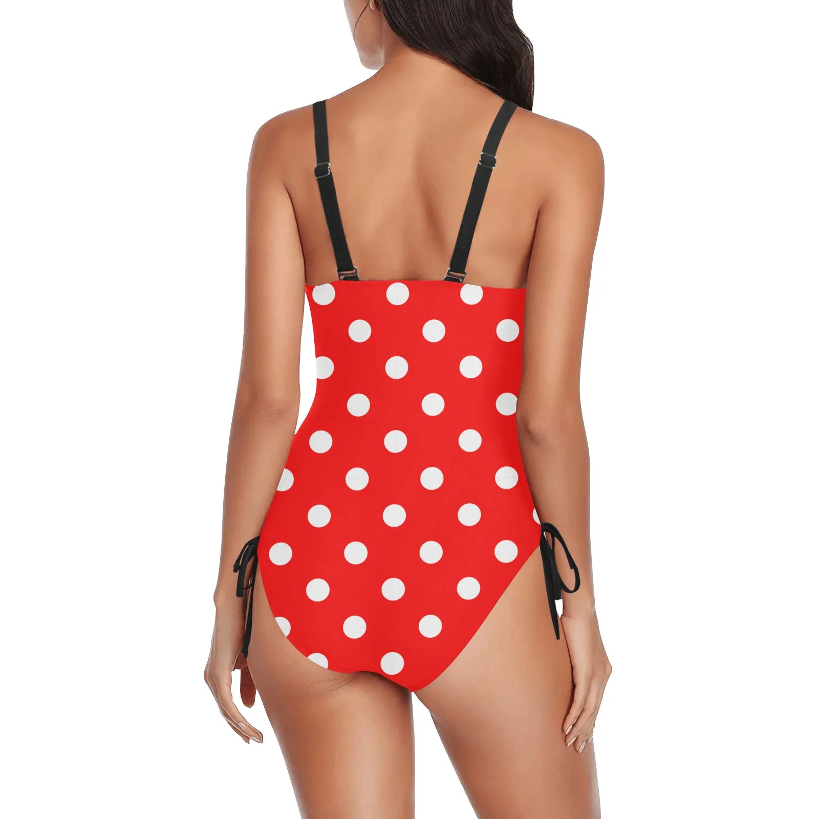 Red With White Polka Dots Drawstring Side Women's One-Piece Swimsuit