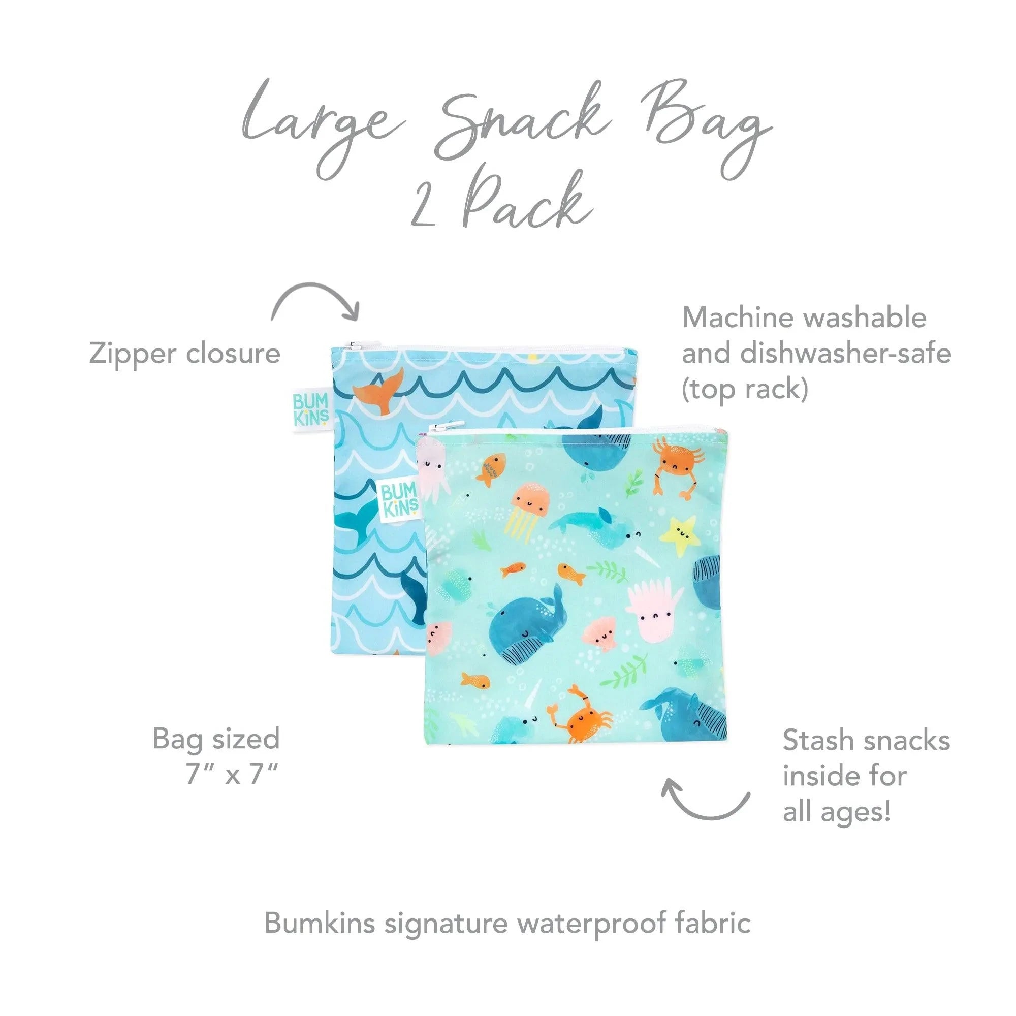 Reusable Snack Bag, Large 2-Pack: Ocean Life & Whale Tail