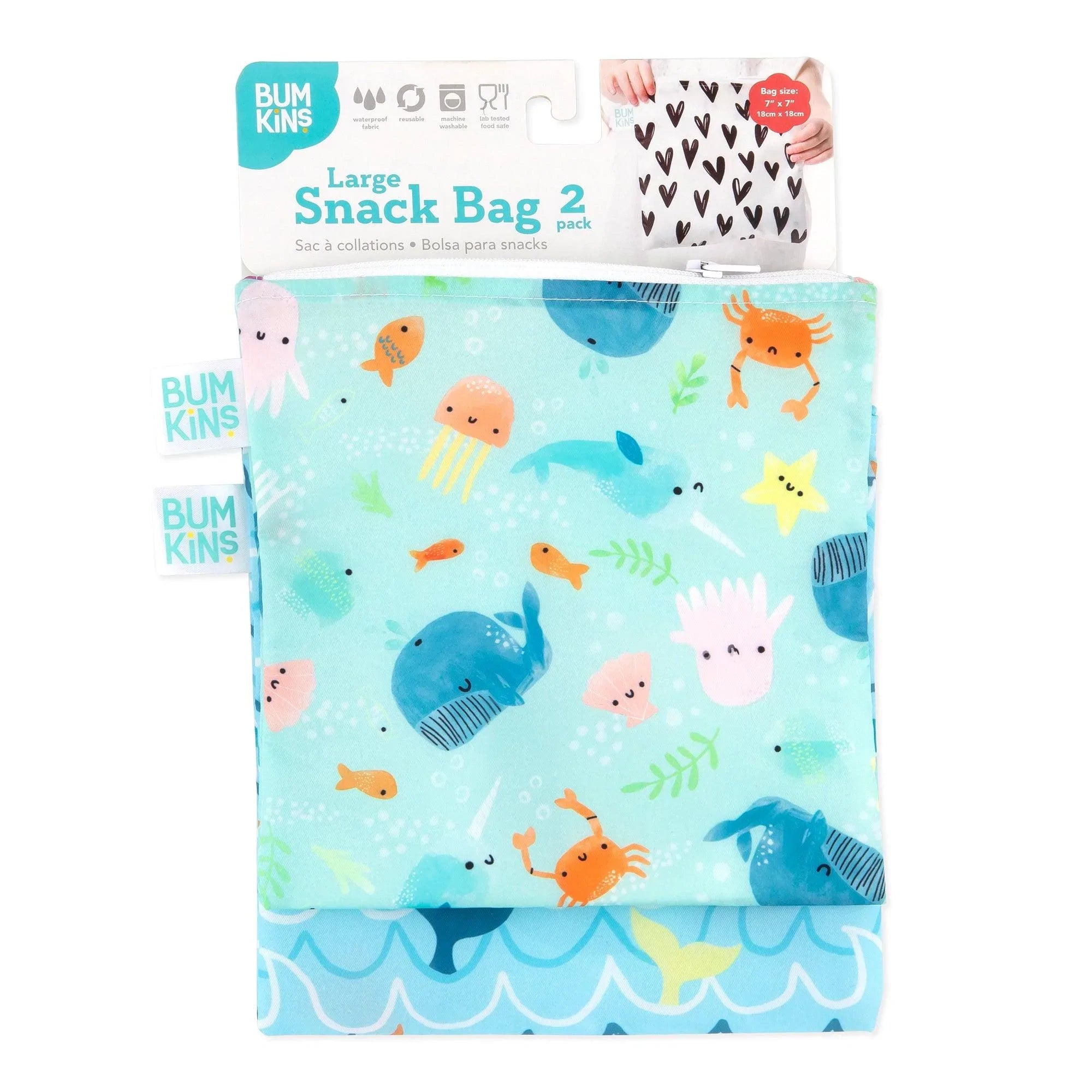 Reusable Snack Bag, Large 2-Pack: Ocean Life & Whale Tail