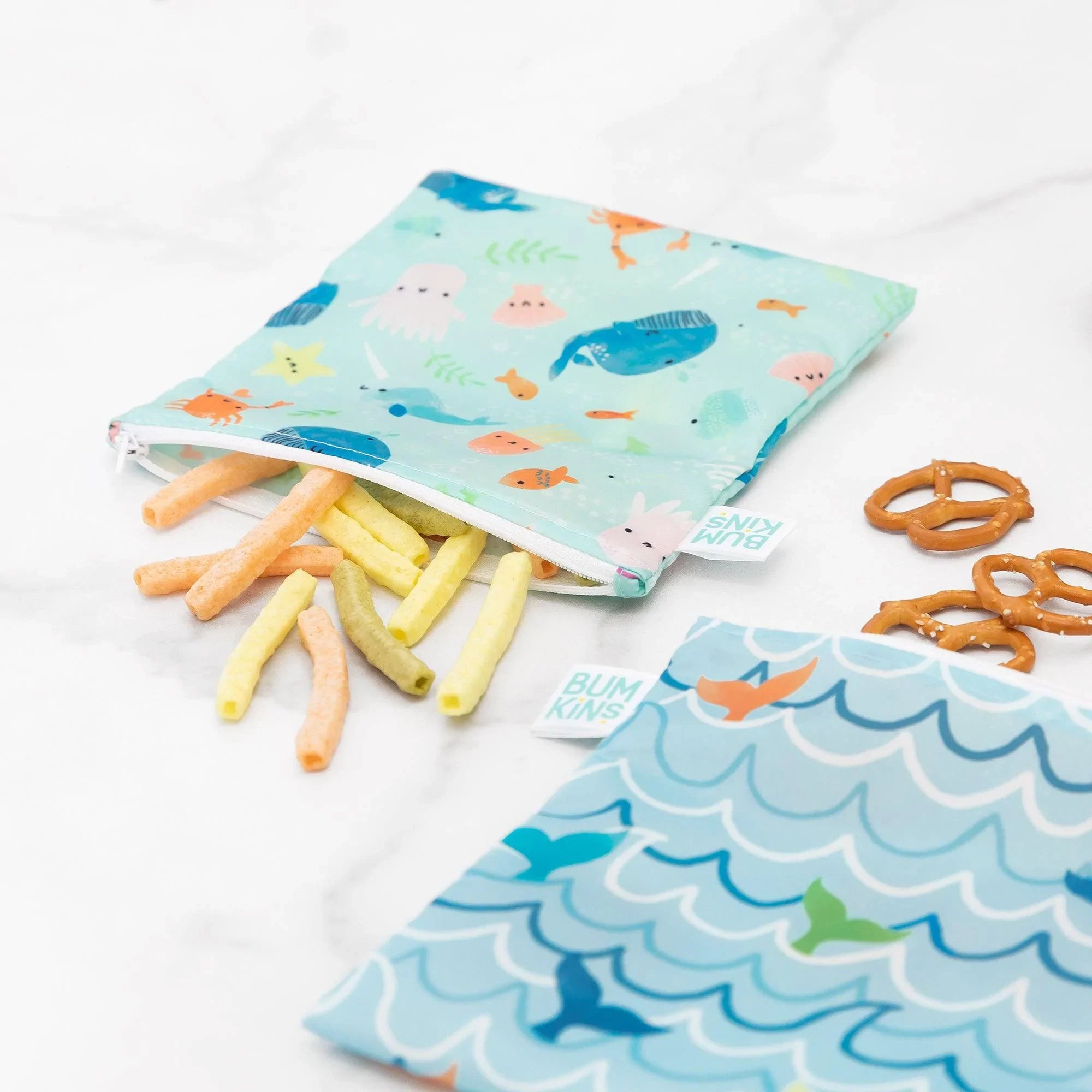 Reusable Snack Bag, Large 2-Pack: Ocean Life & Whale Tail