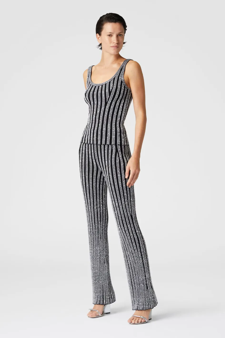 Ribbed, Flared Zigzag Trousers with Sequins