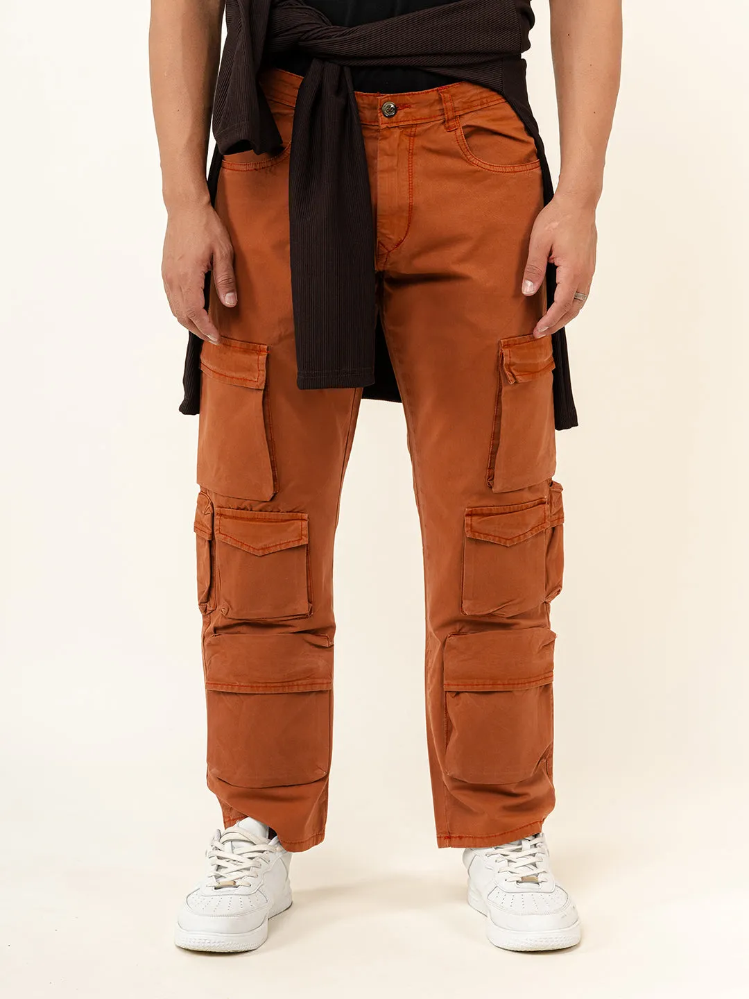 Rust Orange Flared Straight Fit Cargo Pants