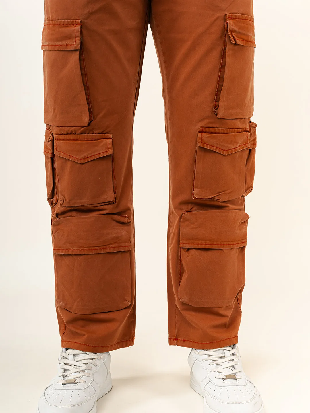 Rust Orange Flared Straight Fit Cargo Pants