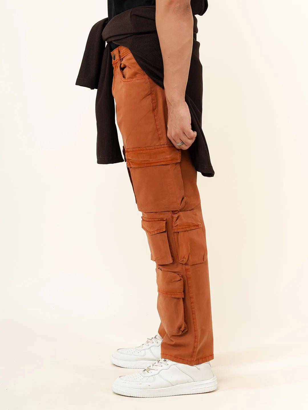 Rust Orange Flared Straight Fit Cargo Pants