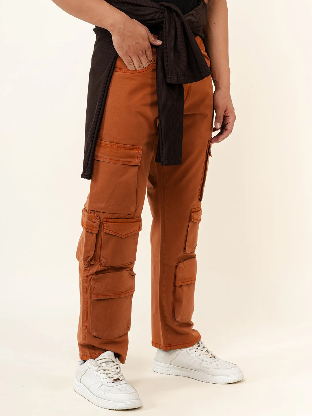 Rust Orange Flared Straight Fit Cargo Pants