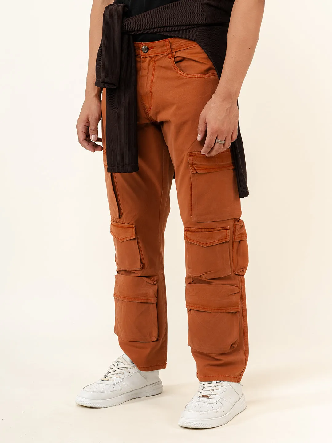 Rust Orange Flared Straight Fit Cargo Pants