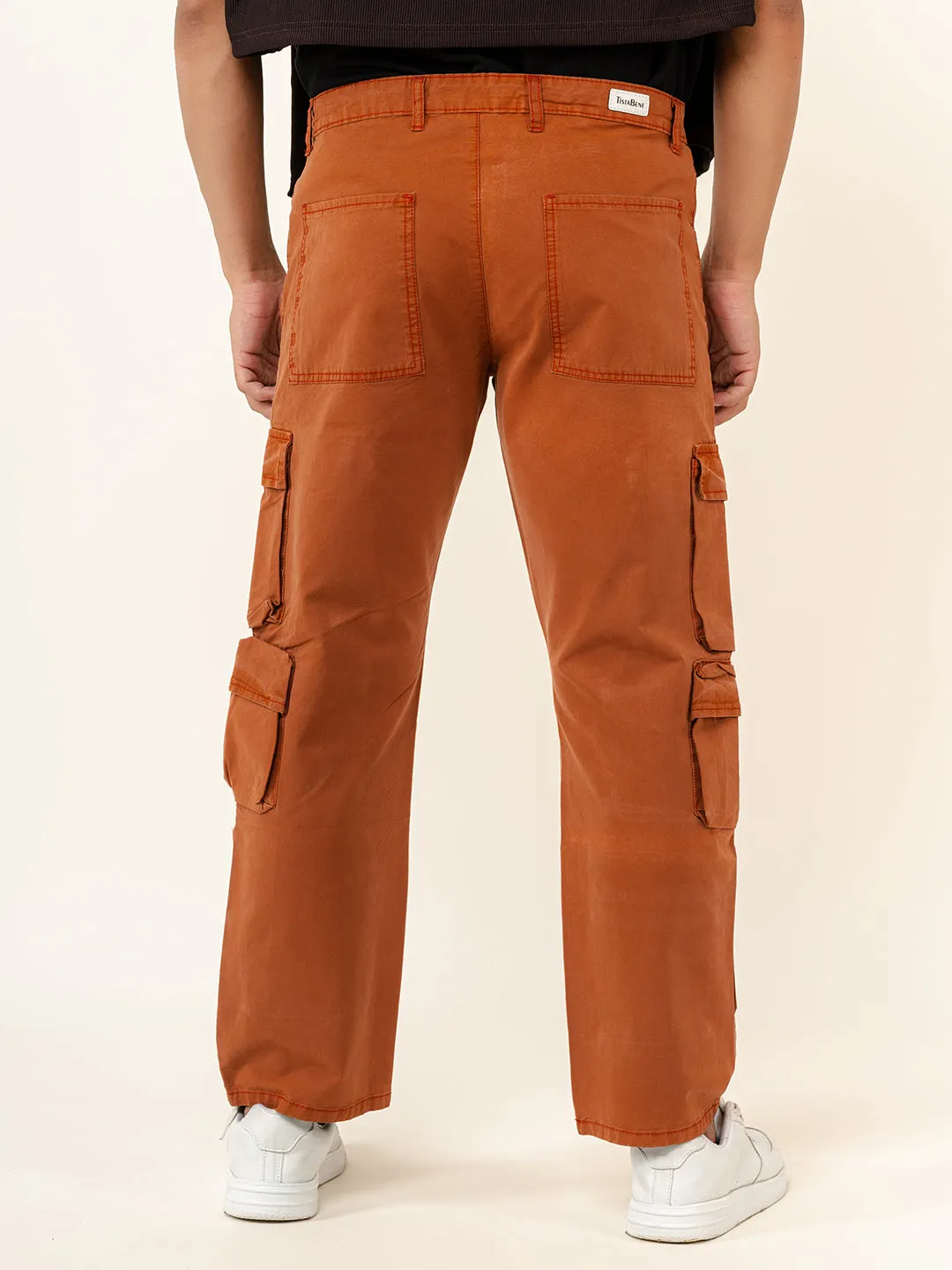 Rust Orange Flared Straight Fit Cargo Pants