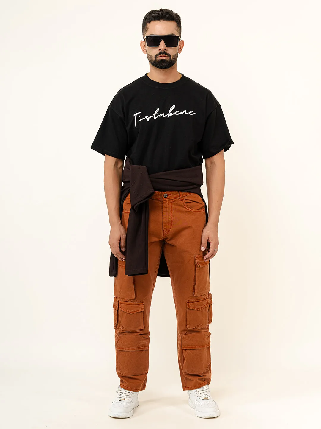 Rust Orange Flared Straight Fit Cargo Pants