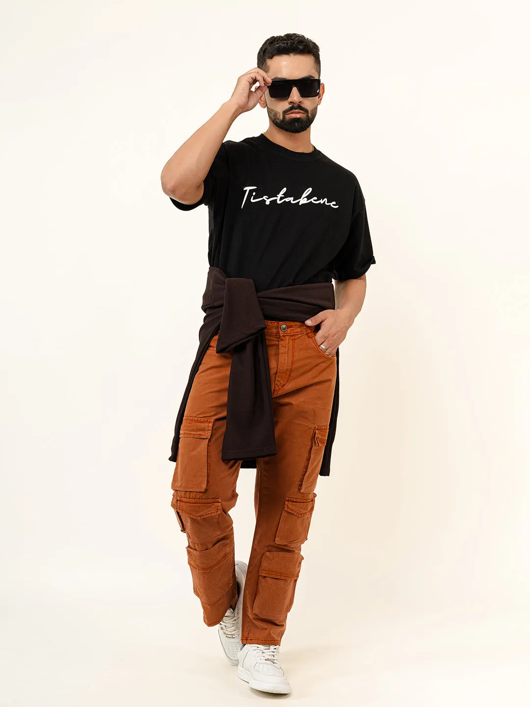 Rust Orange Flared Straight Fit Cargo Pants