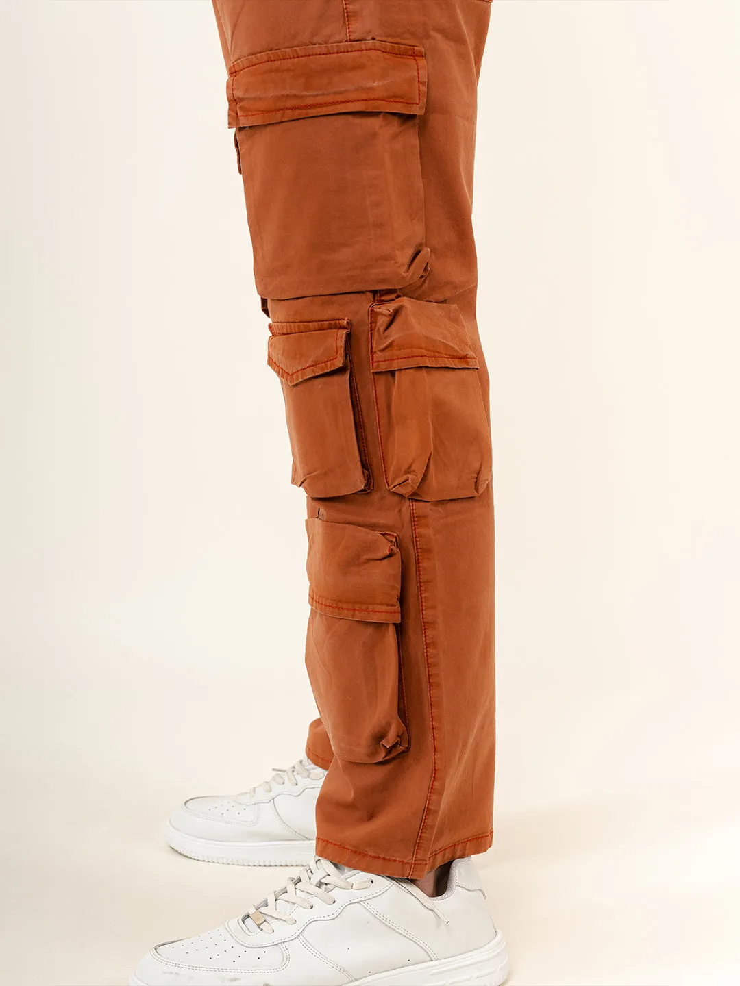 Rust Orange Flared Straight Fit Cargo Pants