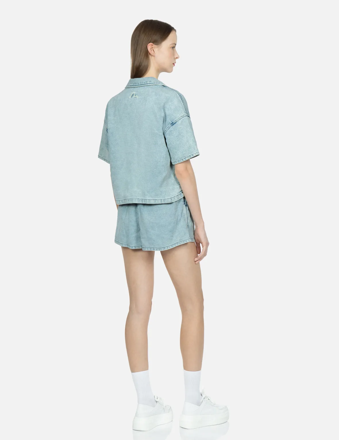 Seagull Embroidery Textured Jacquard Denim Shorts