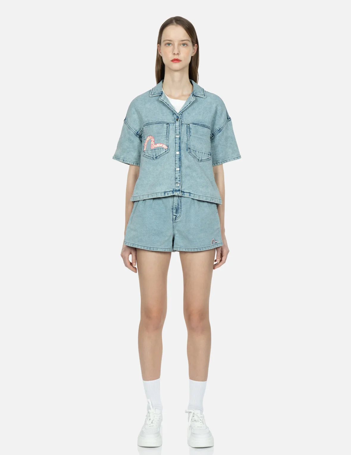 Seagull Embroidery Textured Jacquard Denim Shorts