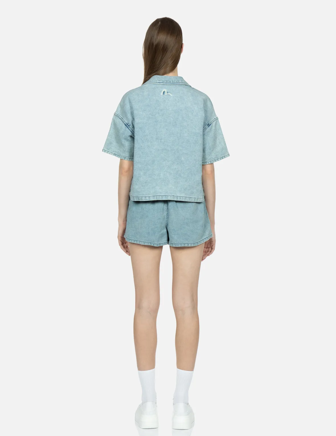 Seagull Embroidery Textured Jacquard Denim Shorts