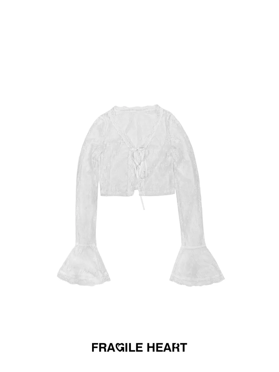 See-Through Lace Flower Flare-Sleeve Bolero Cardigan