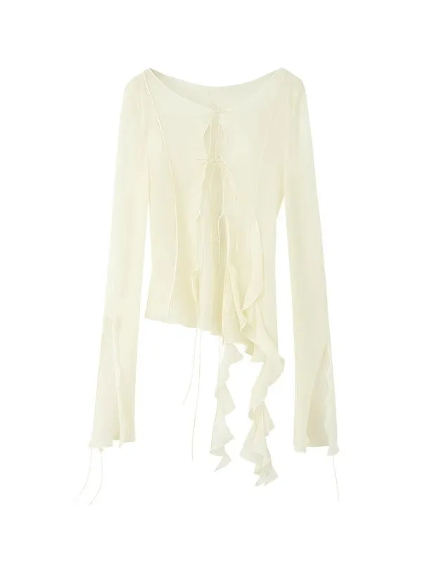 See-Through Ruffle Frill Flare-Sleeve Simple Natural Tops