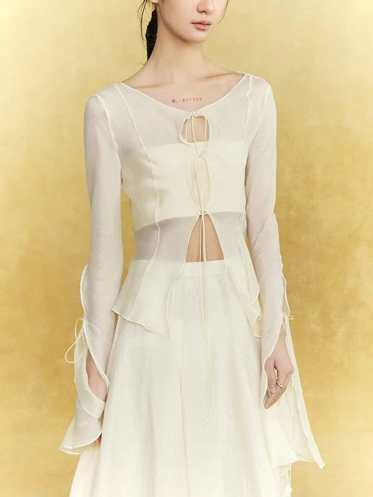 See-Through Ruffle Frill Flare-Sleeve Simple Natural Tops