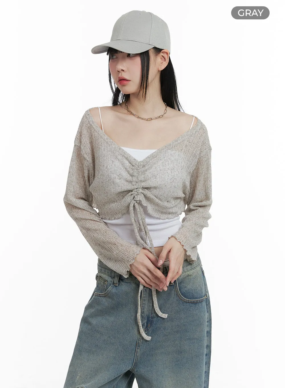 Shirred Drawstring V-Neck Crop Long Sleeve OM426