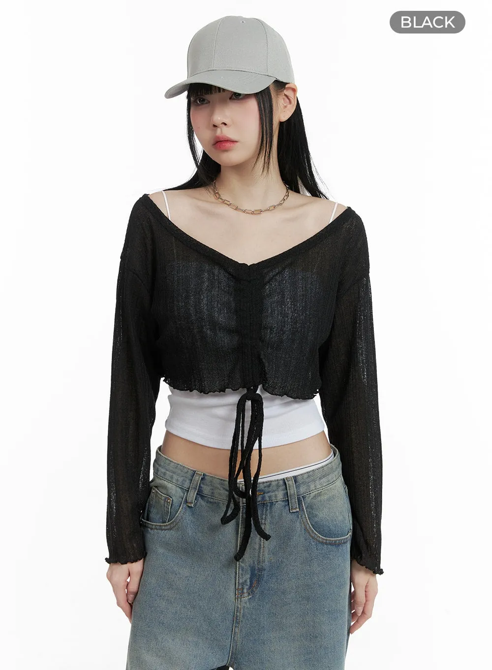 Shirred Drawstring V-Neck Crop Long Sleeve OM426