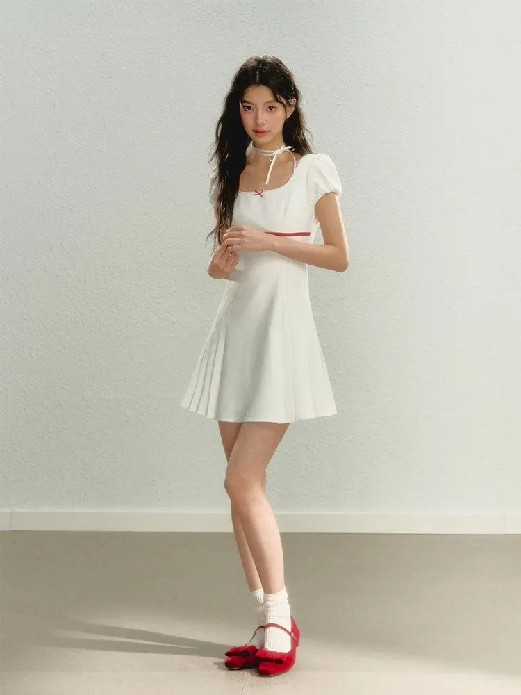 Side-Pleats Simple Flare Short Ribbon Bi-Color Dress