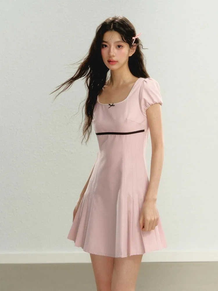 Side-Pleats Simple Flare Short Ribbon Bi-Color Dress