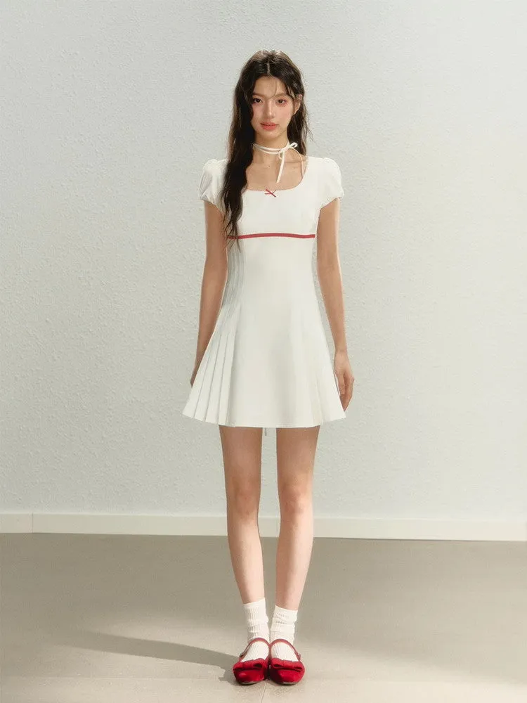 Side-Pleats Simple Flare Short Ribbon Bi-Color Dress