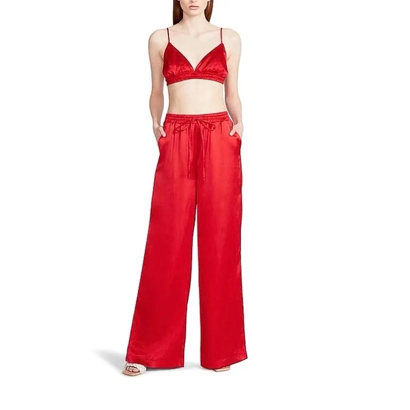 Steve Madden Dorian Satin Red High Rise Drawstring Ankle Wide Leg Pants Size L Tall