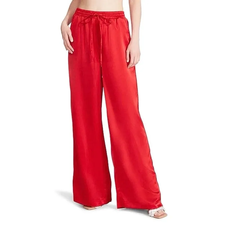 Steve Madden Dorian Satin Red High Rise Drawstring Ankle Wide Leg Pants Size L Tall