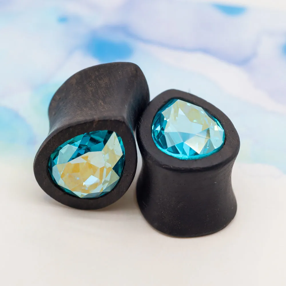 Teardrop Swarovski Plugs in Wood - Sapphire AB