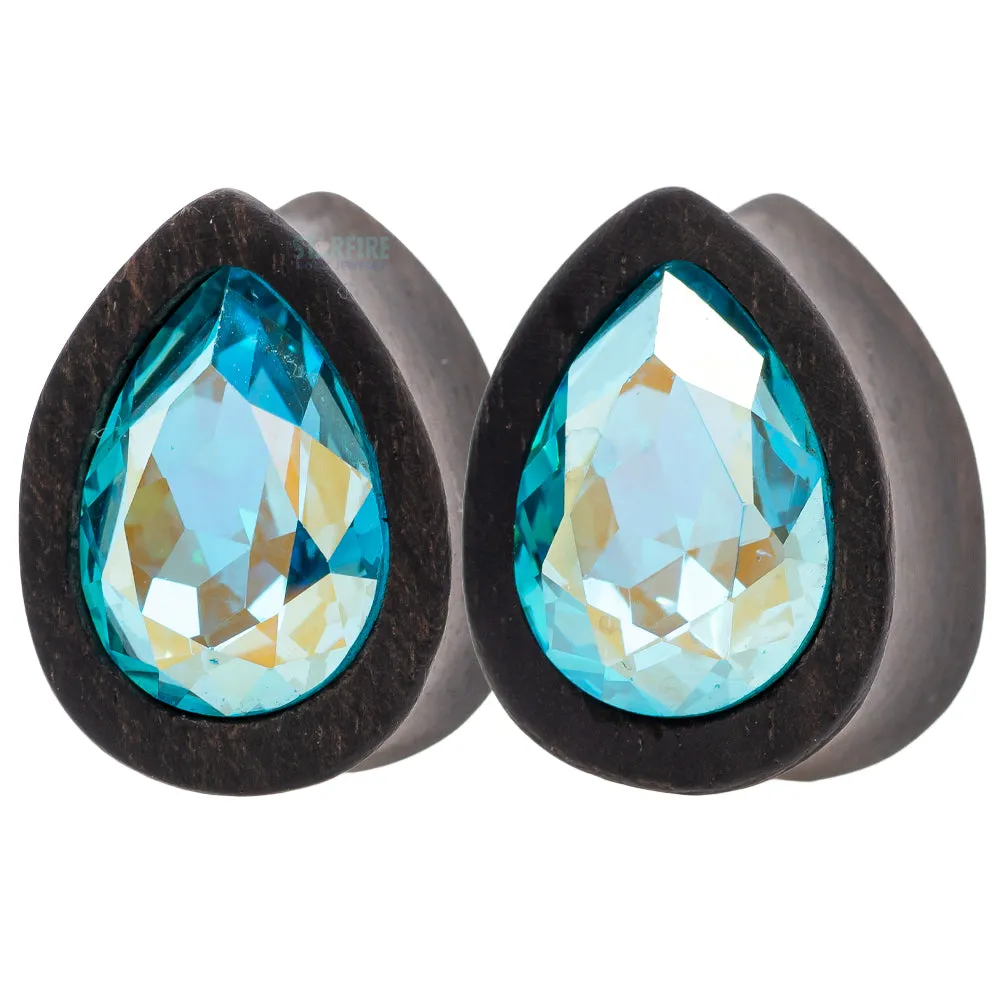 Teardrop Swarovski Plugs in Wood - Sapphire AB