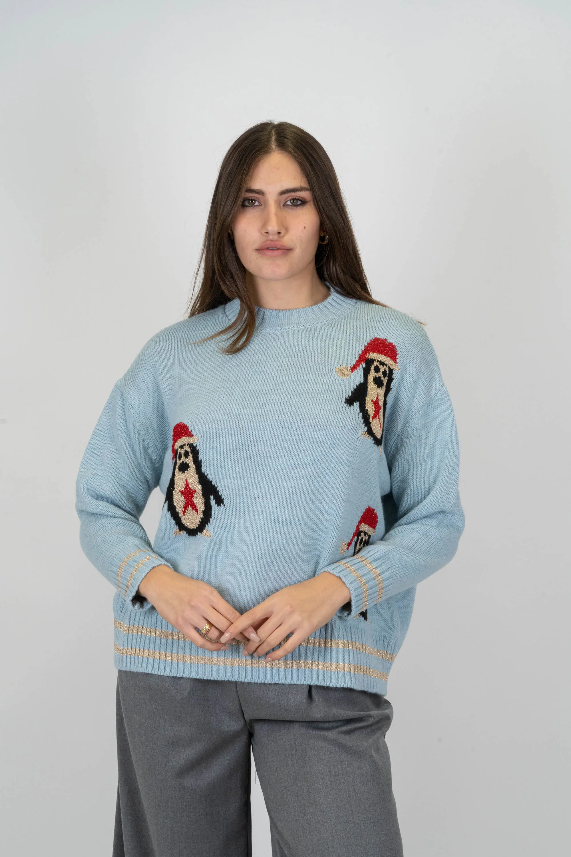 Tensione in - Maglia girocollo con pinguini misto cashmere