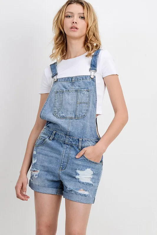 The Izzy Distressed Denim Overall Shorts