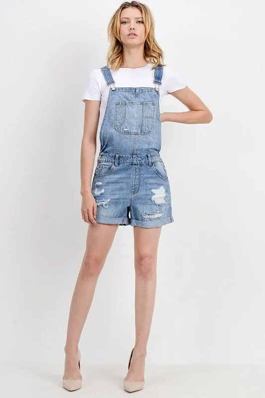 The Izzy Distressed Denim Overall Shorts