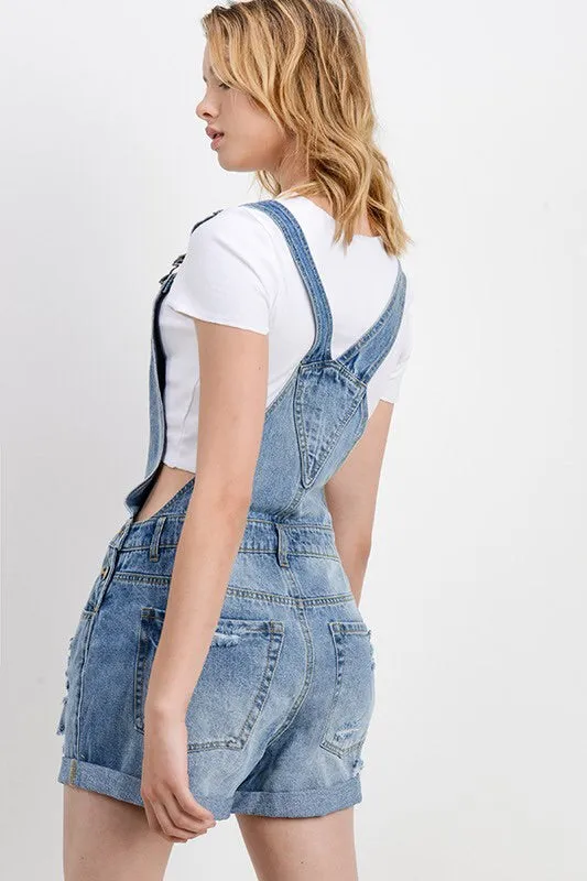 The Izzy Distressed Denim Overall Shorts