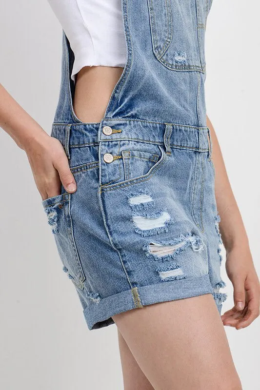 The Izzy Distressed Denim Overall Shorts