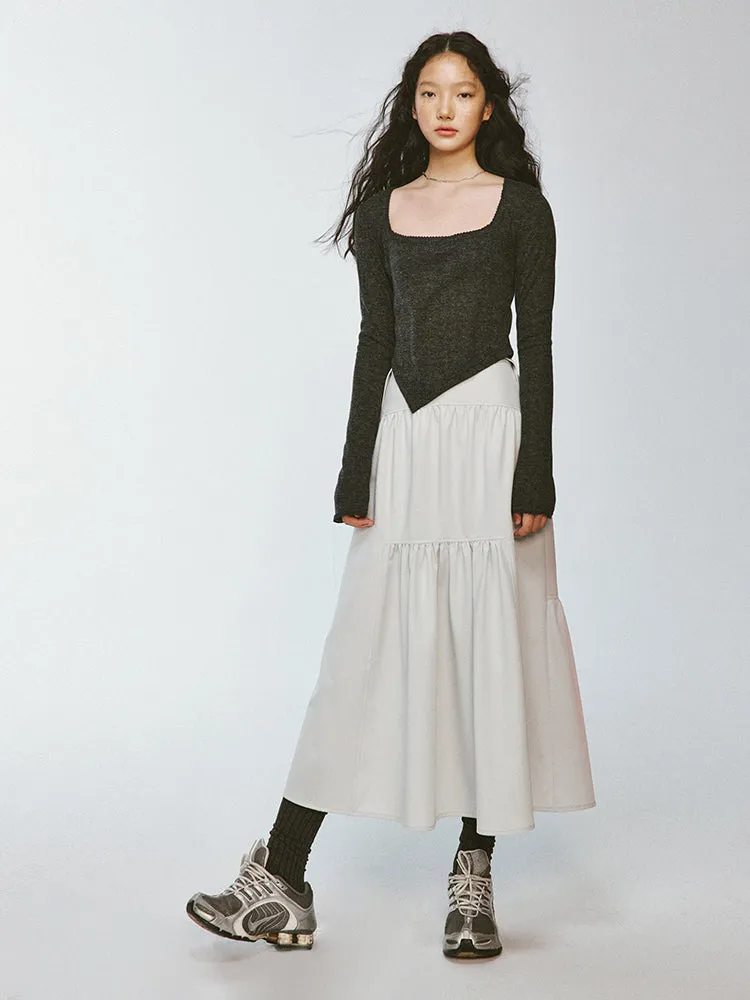 Tiered Asymmetry Plain Flare Simple Long-Skirt