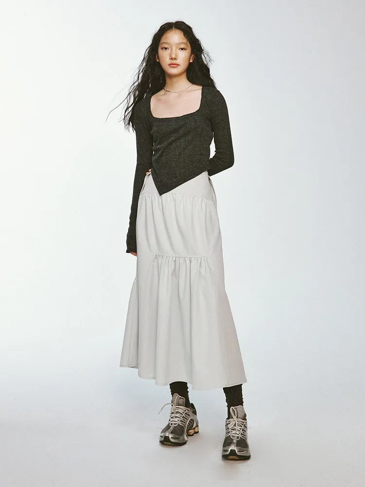 Tiered Asymmetry Plain Flare Simple Long-Skirt