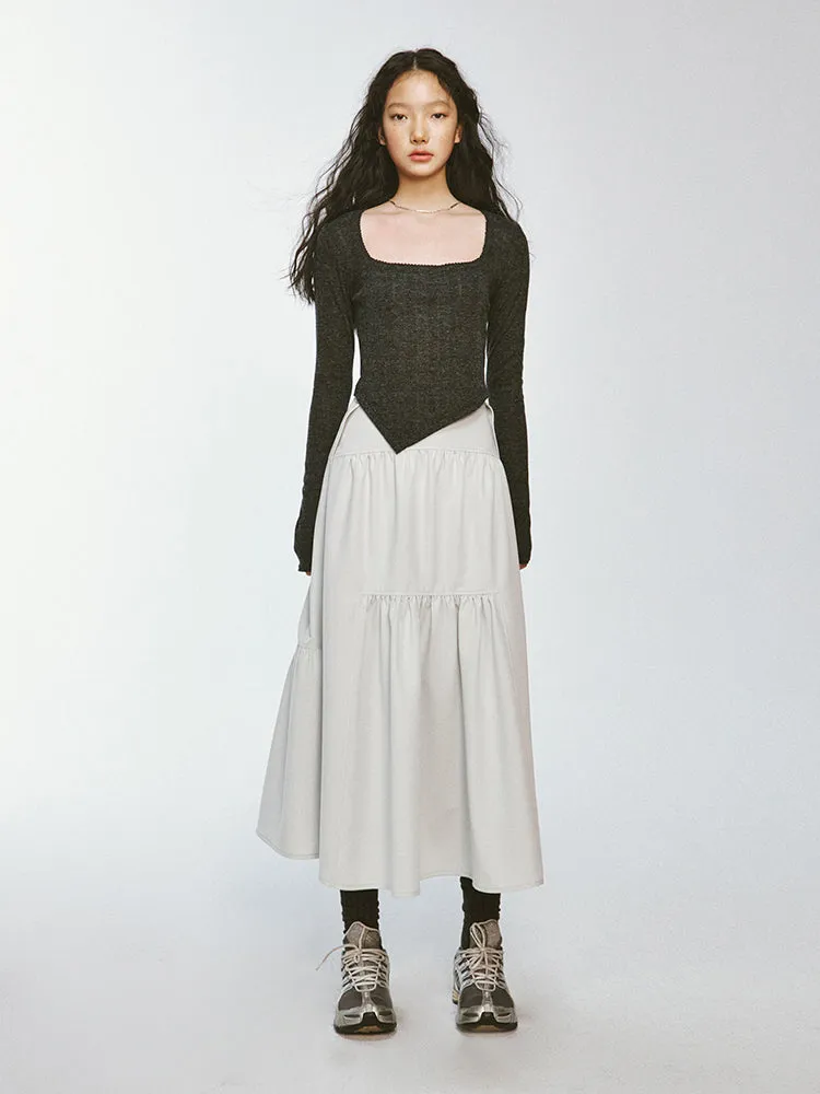 Tiered Asymmetry Plain Flare Simple Long-Skirt