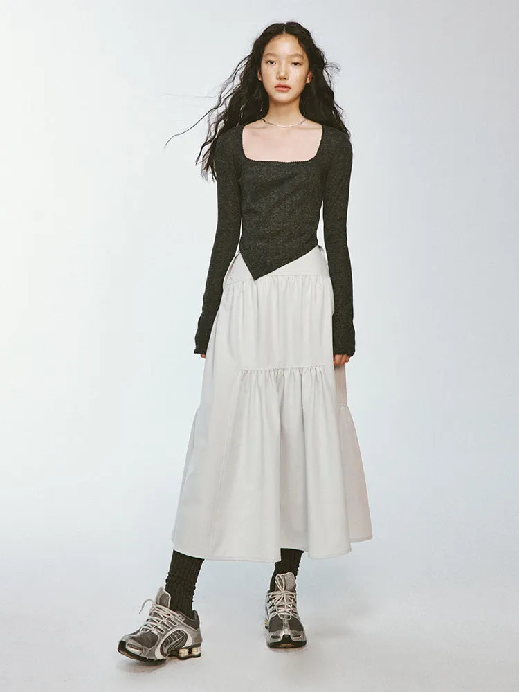 Tiered Asymmetry Plain Flare Simple Long-Skirt