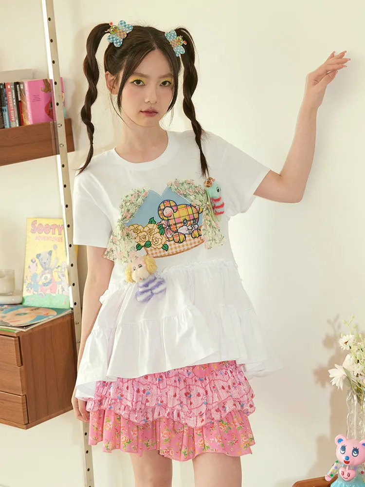 Tiered Frill Lace Window Bear Cute Fancy Flare-T-Shirt