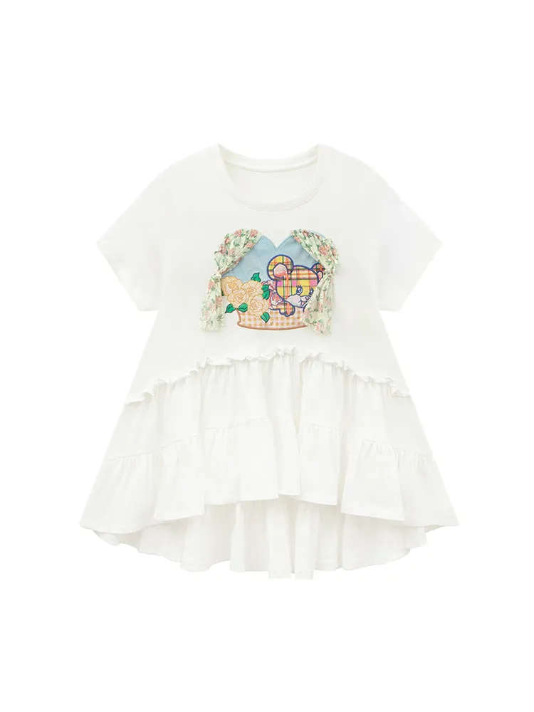 Tiered Frill Lace Window Bear Cute Fancy Flare-T-Shirt