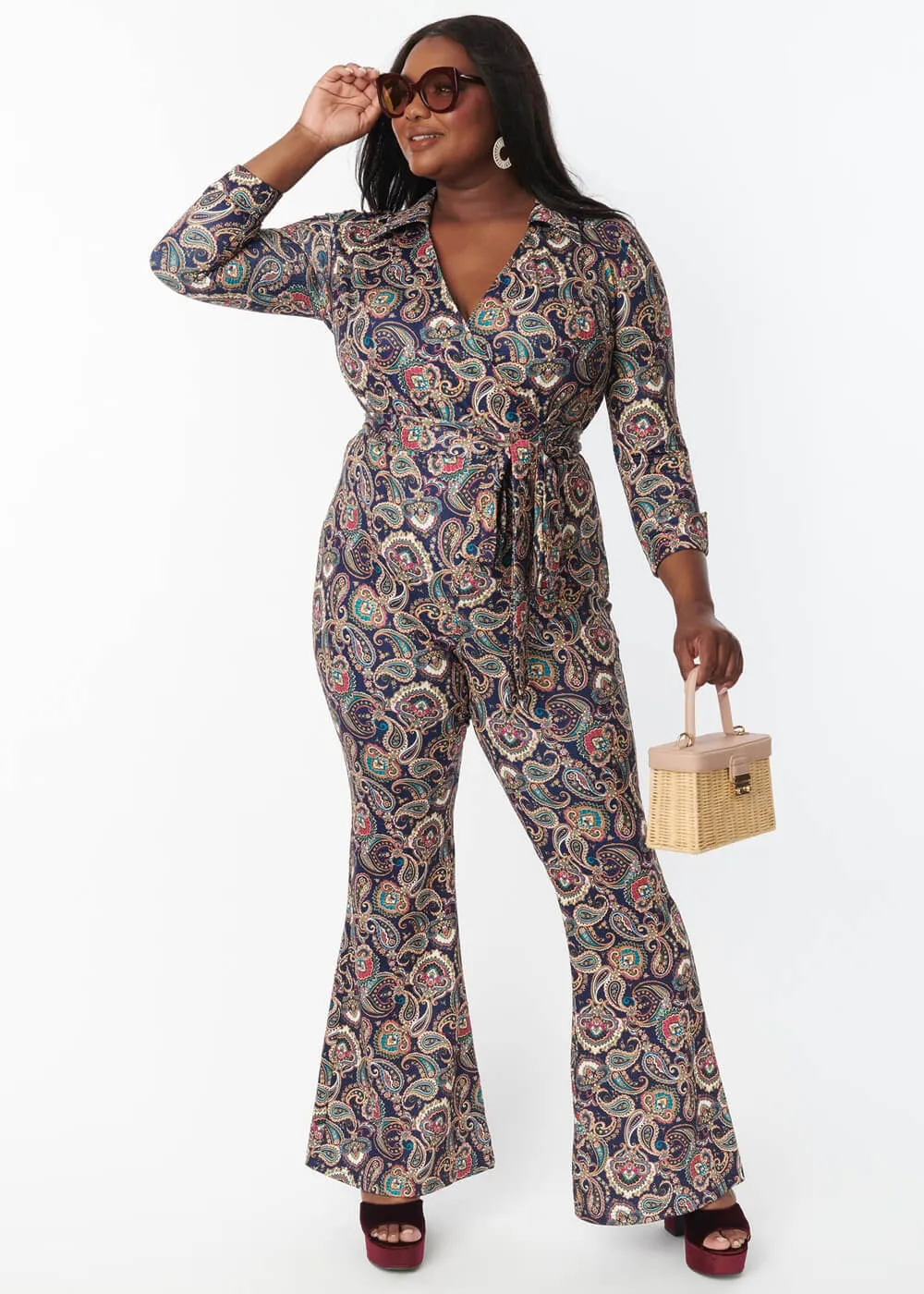 Unique Vintage Flare Paisley 70's Jumpsuit Navy