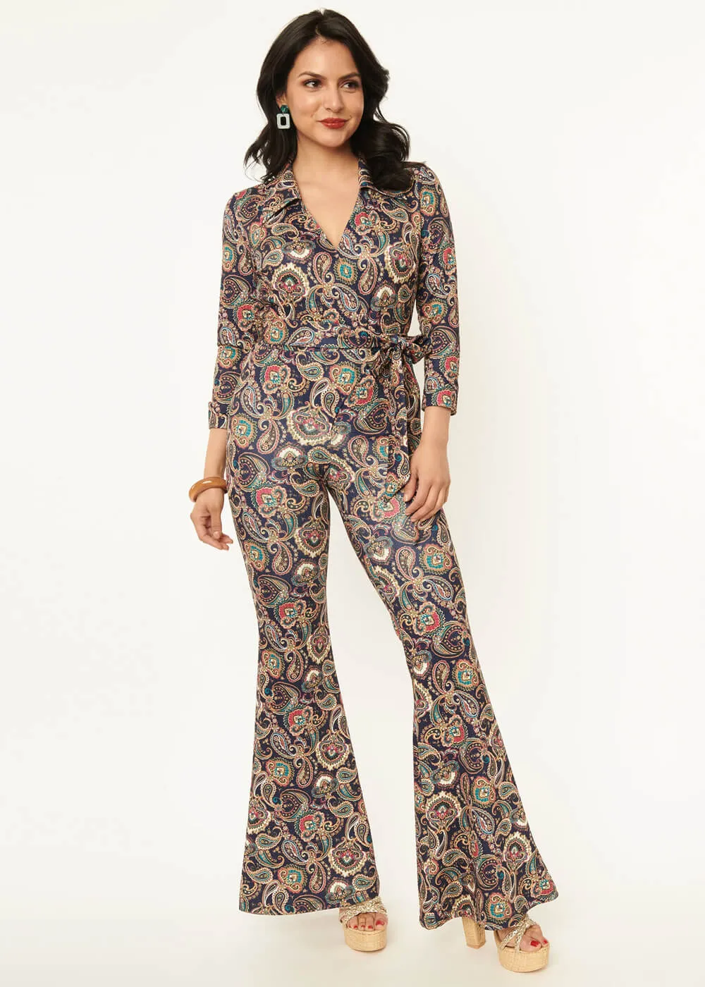 Unique Vintage Flare Paisley 70's Jumpsuit Navy