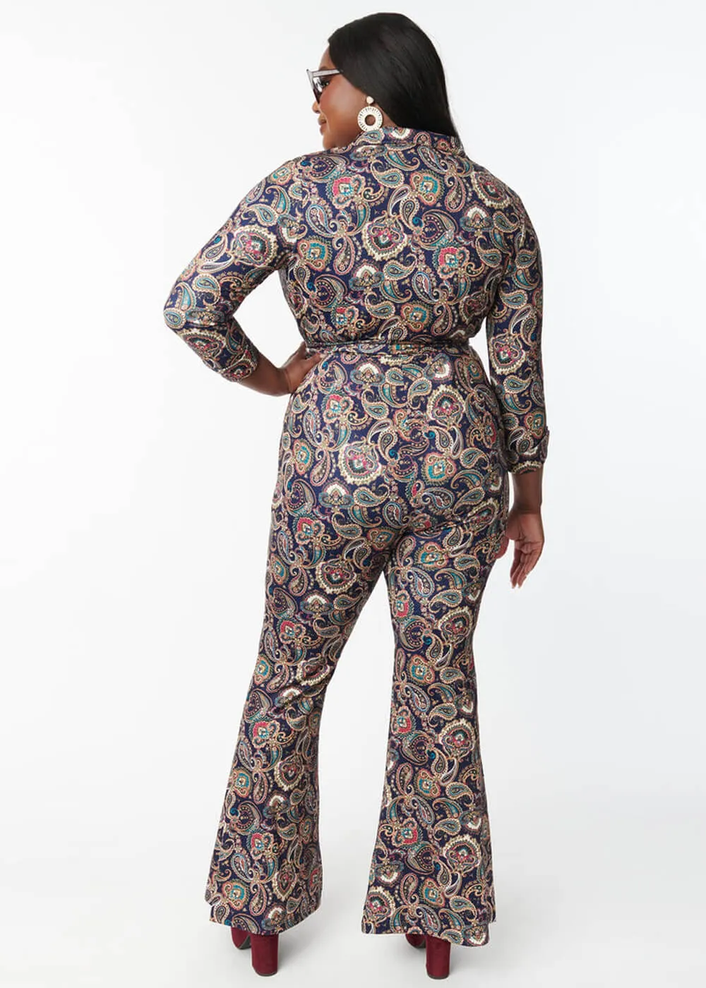 Unique Vintage Flare Paisley 70's Jumpsuit Navy