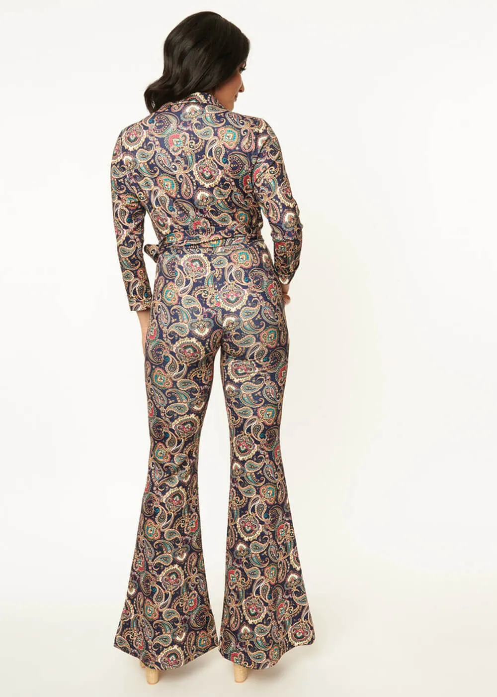 Unique Vintage Flare Paisley 70's Jumpsuit Navy